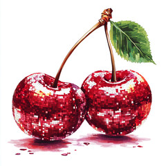 A pair of shiny disco ball cherries with a reflective surface, blending retro aesthetics with a modern twist. A fun and vibrant concept for pop art and creative design projects.