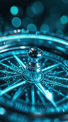 Elegant close up of a glowing compass with intricate blue details and ethereal bokeh background