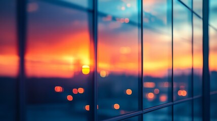Sunset is reflected in large glass windows of building