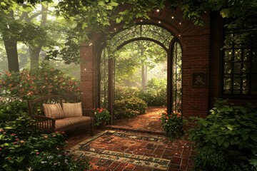 Fototapeta premium Serene Garden Escape Tranquil Brick Archway Leading to Lush Foliage and Cozy Bench