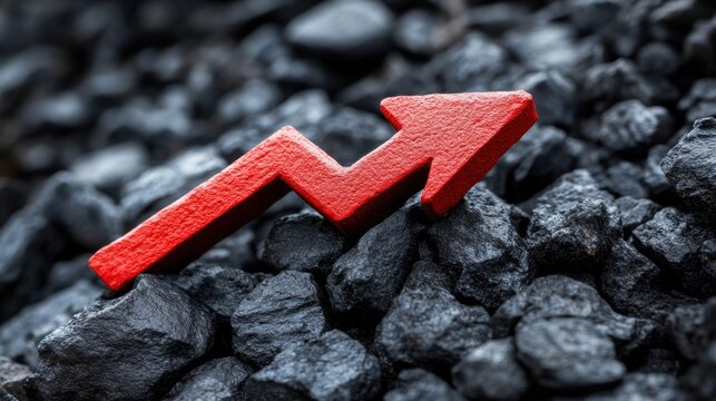 Striking red upward arrow on rough black stones, representing economic growth and strength. - Powered by Adobe