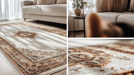 A beautifully designed vintage area rug complements a contemporary living space, highlighting warm tones and intricate patterns that enhance home decor aesthetics.