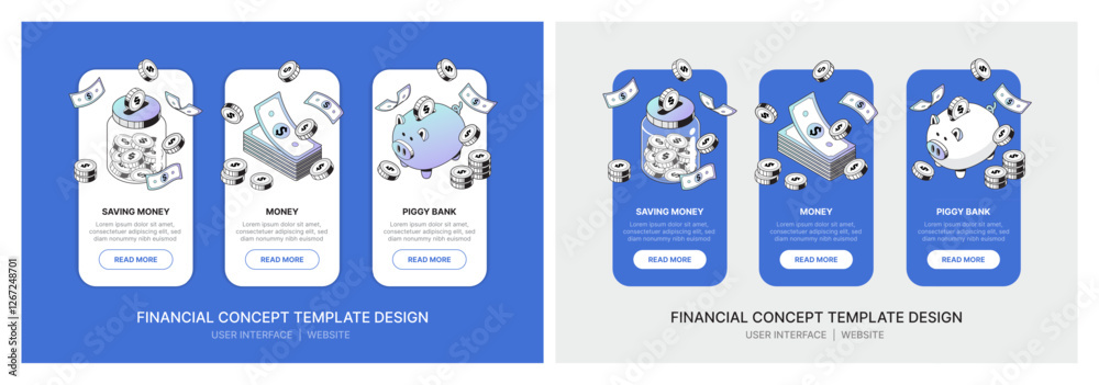 Wall mural set of user interface designs for websites on both desktop and mobile, featuring a finance and money