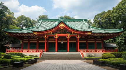 Fototapeta premium Japanese shrine facade, serene temple, traditional architecture, lush greenery background