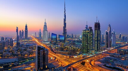Dubai skyline at sunset with illuminated skyscrapers and busy roads