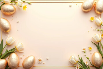 An elegant and luxurious Easter frame background featuring a soft pastel color palette with golden Easter eggs, delicate floral arrangements of tulips and daffodils, and subtle shimmering accents.