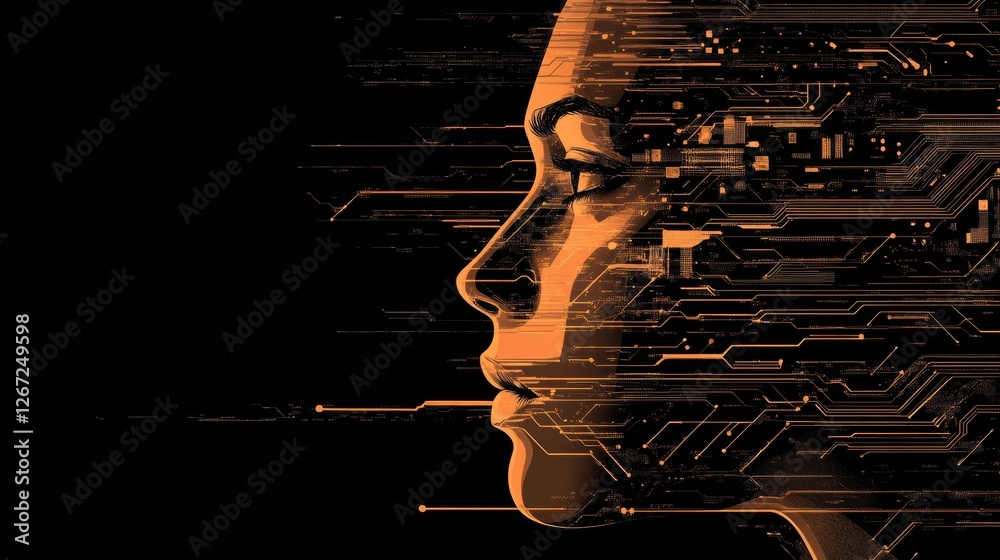 Aufkleber human face merging with glowing digital circuits illustrates the fusion of technology and humanity i
