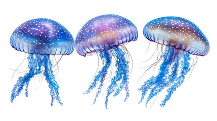 A vibrant trio of jellyfish gracefully floating in the ocean, showcasing ethereal colors and delicate tentacles.