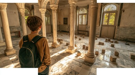 Obraz premium Young Traveler Exploring a Grand, Abandoned Marble Hallway