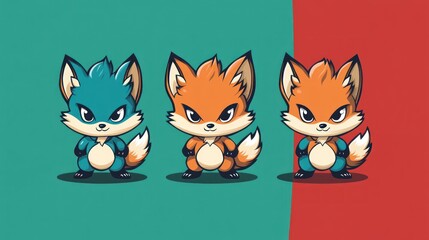 Fototapeta premium Cartoon foxes stand on two-tone background for children's education or decoration