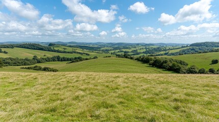Obraz premium Panoramic view of rolling hills and green meadows. Possible use Nature photography