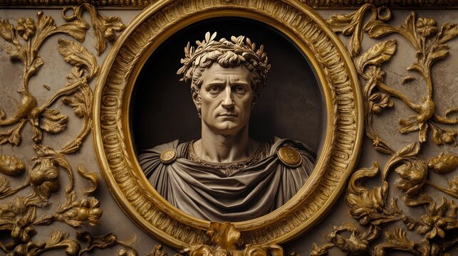 Classical portrayal, Marble bust with laurel wreath in golden frame - Powered by Adobe