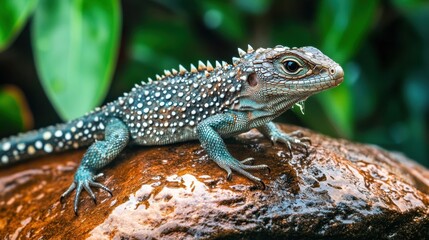 Fototapeta premium Frilled lizard with morning dew on its scales, perched on a damp rock