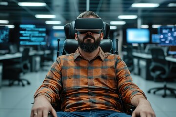 Disabled businessman in a wheelchair using virtual reality at a modern coworking space