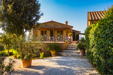 Agriculture farm in Tuscany near the town of Scansano during golden hour early September, Tuscany,...