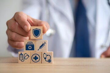 Healthcare Protection Medical Insurance Doctor Safety Wooden Blocks Health Security Wellness Treatment Clinic Hospital Patient Care Medical Services First Aid Emergency Doctor Concept Health Insurance