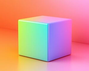 A smooth, colorful cube glows with a gradient of vibrant shades, set against a soft, pastel background, creating a modern, abstract aesthetic.