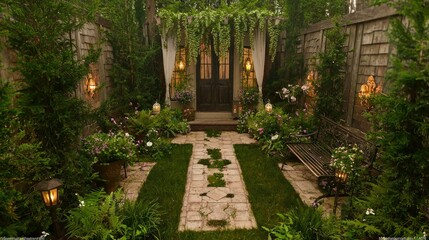 Obraz premium Enchanting Secret Garden with Stone Path and Wooden Fence