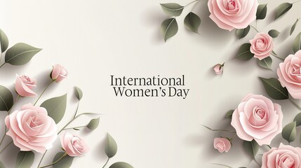 Delicate Pink Roses in Soft Pastel Tones with Gentle Shadows, Celebrating International Women’s Day. High Resolution, Intricate Petal and Leaf Details, Blurred White Wall Background.