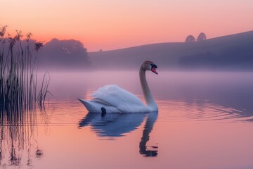 Fototapeta premium Graceful swan gliding on serene misty lake at sunrise amidst tranquil pastel landscape
