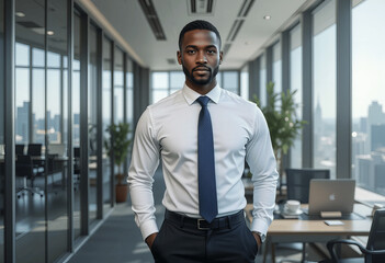 Fototapeta premium Confident Black Businessman in Modern Office