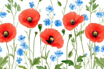 Fototapeta premium Beautiful floral pattern featuring vibrant red poppies and delicate blue flowers on a white background, perfect for spring themed designs and wallpapers