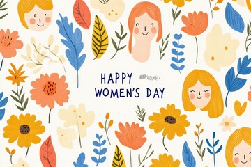 Naklejka premium Colorful illustration celebrating Women s Day with cheerful flowers and smiling faces, perfect for promoting empowerment and joy during this special occasion