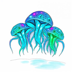 Fototapeta premium Colorful whimsical illustration of three jellyfish with vibrant hues on a white background 