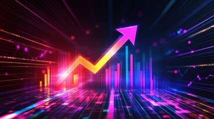 Vibrant digital chart with an arrow pointing upward, surrounded by futuristic holographic effects