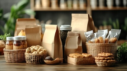 Fototapeta premium Sustainable food packaging, bakery items, kitchen setting