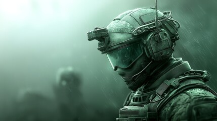 Naklejka premium Resilient soldier stands firm amidst the torrent of heavy rainstorm lone