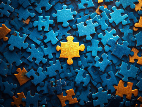 Bright yellow puzzle piece stands out among blue pieces