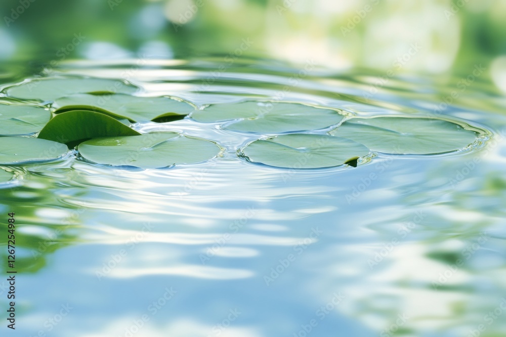 Fototapete floating lily pads create a serene reflection in the calm water on a sunny day. generative ai