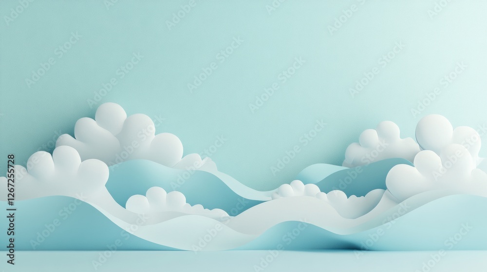 Poster Soft white clouds with gentle blue waves create a tranquil atmosphere in a minimalist setting. Generative AI