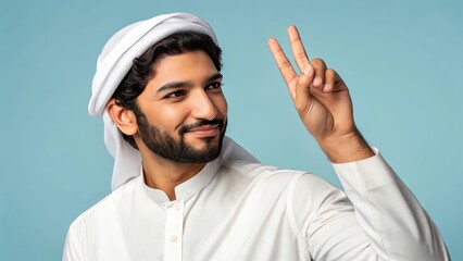 Fototapeta premium a man in traditional arab clothing making a peace sign with his hand, showing a positive attitude on a blue background