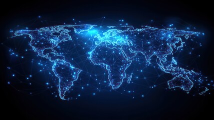 Global network connection, digital world map, data flow, dark background, tech illustration
