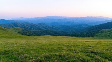 Obraz premium Green grassy meadow overlooks rolling hills and distant blue mountain ranges under a soft twilight sky.