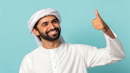 Naklejka premium Smiling man in traditional Middle Eastern attire giving thumbs up