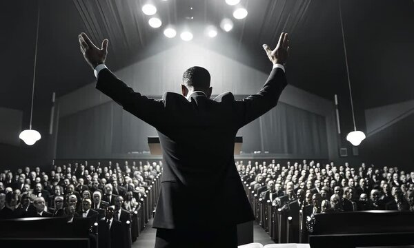 A black and white photo of a pastor standing at the pulpit delivering an impassioned sermon to a packed church. The intensity and emotion in the pastors face and hand gestures convey