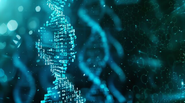Abstract background with digital code and DNA strand.