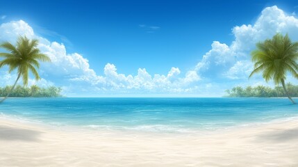 Scenic beach paradise palm trees swaying under clear blue sky tranquil