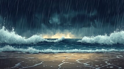 Stormy ocean waves crashing on beach at night