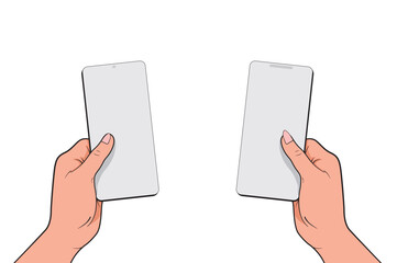The hand holds a modern smartphone with an empty
 screen positioned at an angle on a white background.
 Vector image