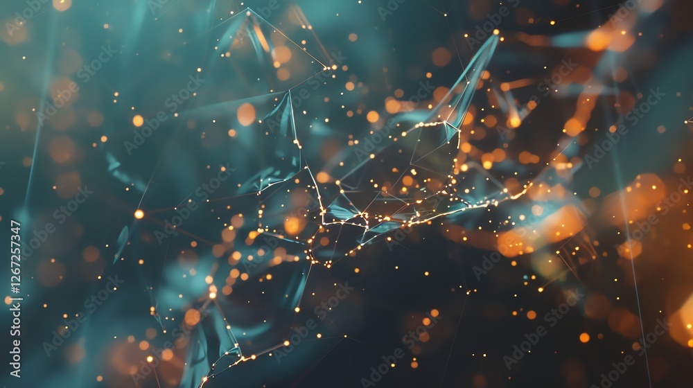 Poster abstract 3d rendering of a network with glowing lights and particles.