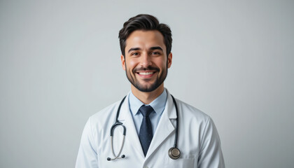 Confident male doctor in white coat with stethoscope, smiling warmly against a clean white background