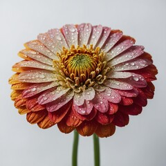A fresh, dew-covered multicolored zinnia flower with delicate textures, placed against a clean white backdrop.