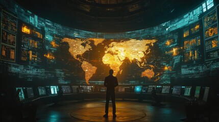 Obraz premium Global network monitoring Man observing world map on large screen, control room background, for tech or security concepts