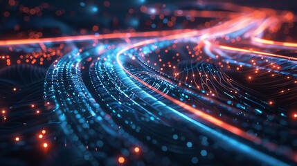 An abstract digital rendering of glowing, swirling lines with a dark background.