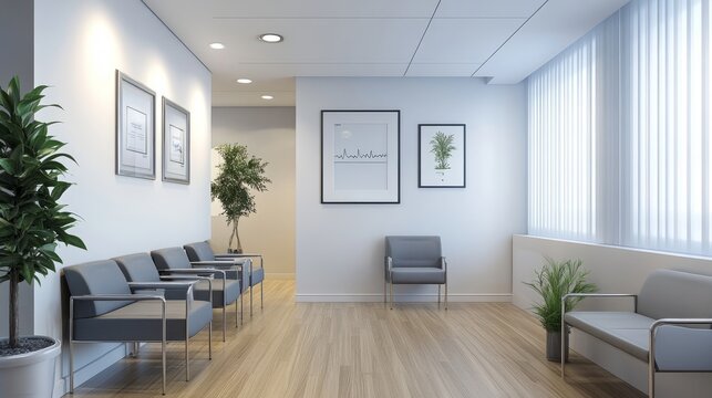A modern doctor's office waiting room with a clean white wall, soft gray chairs, and elegant oak flooring.
