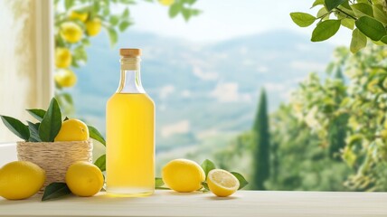 Bottle of limoncello or lemonade on wooden table with open windows and view of lemon tree plantations. Concept traditional Italian lemon liqueur, social media, advertising photo, refreshing drinks 